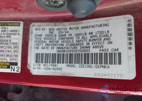 2005 Toyota Corolla Le z USA, uszkodzony, nr VIN 1NXBR32E65Z358885